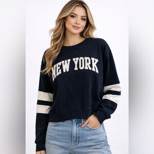 New York Popular Varsity Sweatshirt Navy White Stripe Sleeves Crewneck M